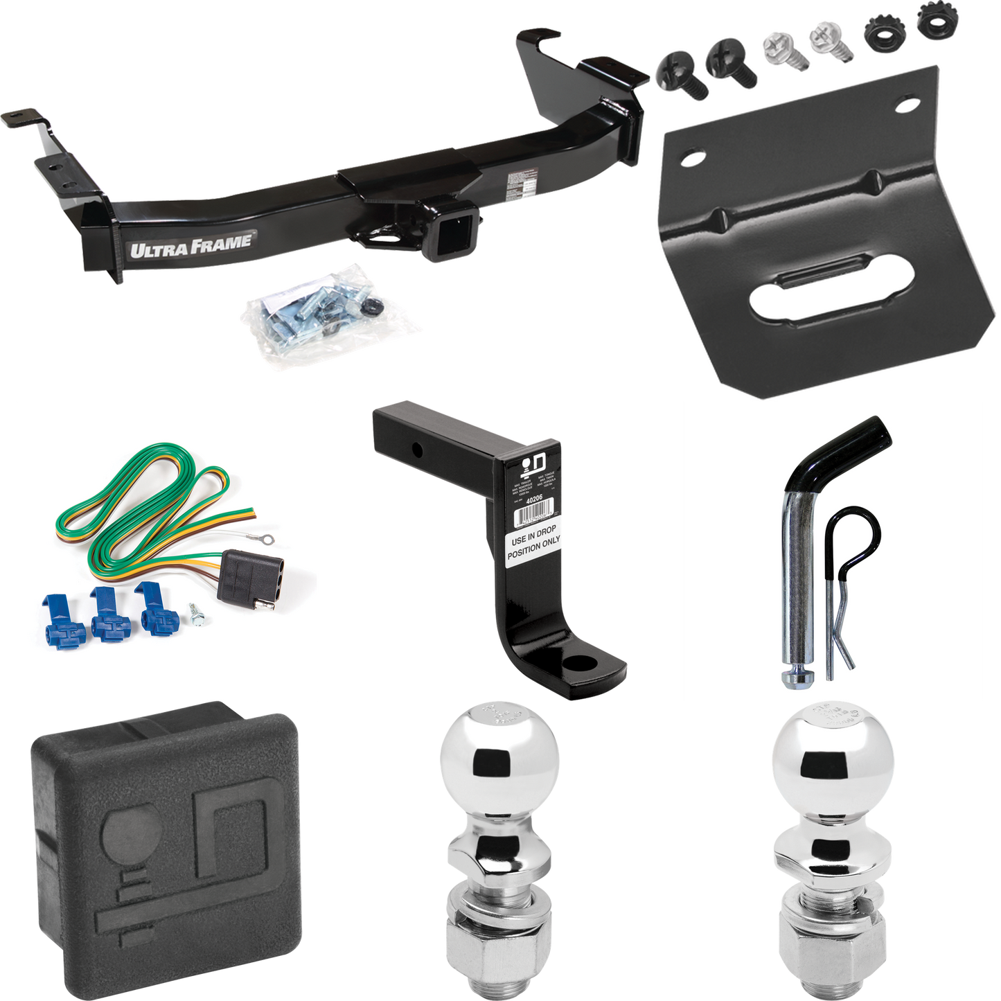 Fits 2003-2007 Ford E-350 Econoline Super Duty Trailer Hitch Tow PKG w/ 4-Flat Wiring Harness + Ball Mount w/ 8" Drop + Pin/Clip + 2" Ball + 2-5/16" Ball + Hitch Cover + Wiring Bracket By Draw-Tite