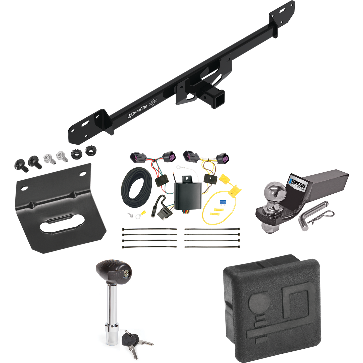 Fits 2014-2023 RAM ProMaster 3500 Trailer Hitch Tow PKG w/ 4-Flat Wiring + Starter Kit Ball Mount w/ 2" Drop & 2" Ball + Wiring Bracket + Hitch Lock + Hitch Cover By Draw-Tite