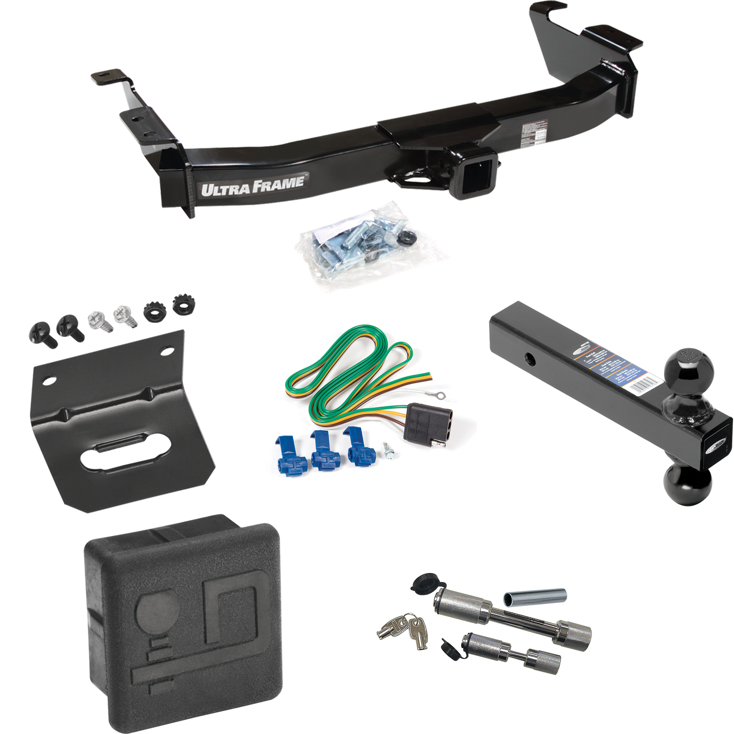 Fits 2003-2007 Ford E-250 Econoline Trailer Hitch Tow PKG w/ 4-Flat Wiring Harness + Dual Ball Ball Mount 2" & 2-5/16" Trailer Balls + Dual Hitch & Coupler Locks + Hitch Cover + Wiring Bracket By Draw-Tite