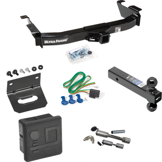 Fits 2003-2007 Ford E-250 Econoline Trailer Hitch Tow PKG w/ 4-Flat Wiring Harness + Dual Ball Ball Mount 2" & 2-5/16" Trailer Balls + Dual Hitch & Coupler Locks + Hitch Cover + Wiring Bracket By Draw-Tite