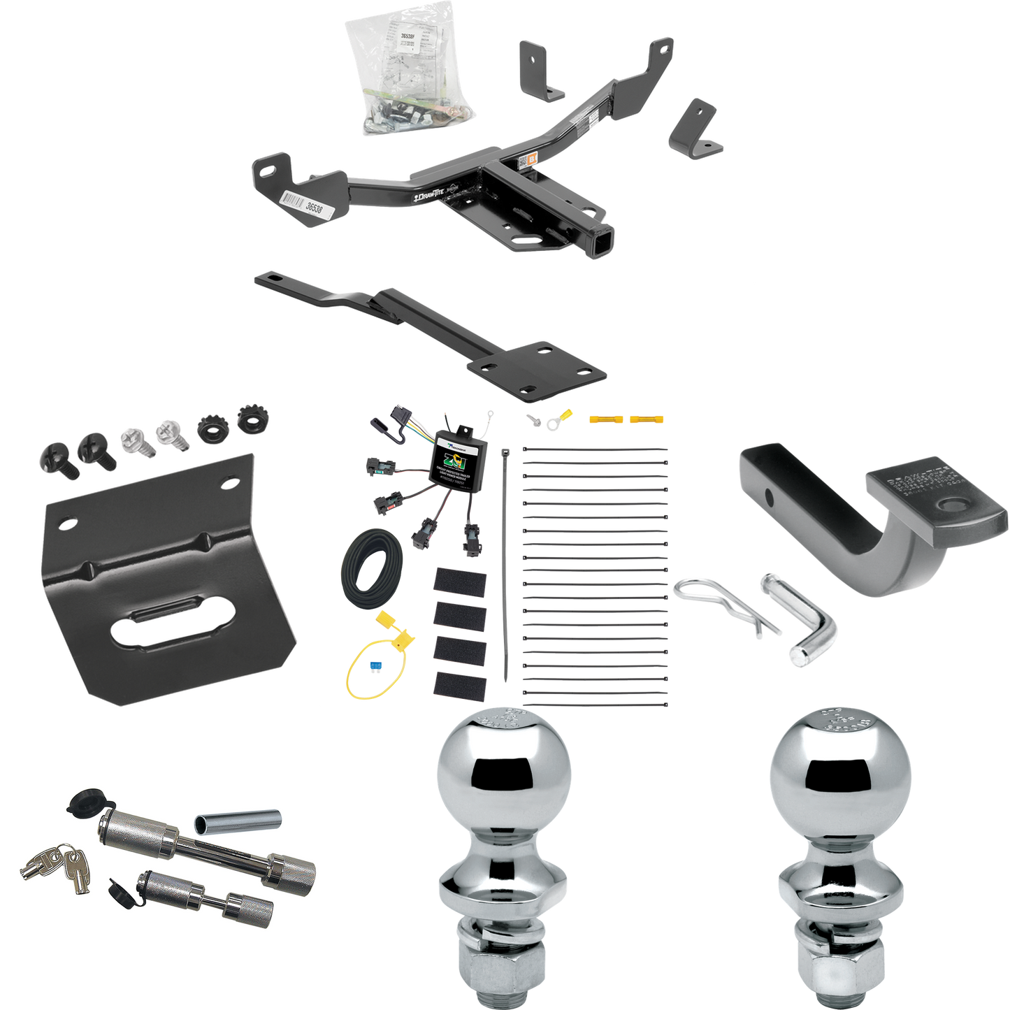 Fits 2010-2016 Buick LaCrosse Trailer Hitch Tow PKG w/ 4-Flat Zero Contact "No Splice" Wiring Harness + Draw-Bar + 1-7/8" + 2" Ball + Wiring Bracket + Dual Hitch & Coupler Locks By Draw-Tite