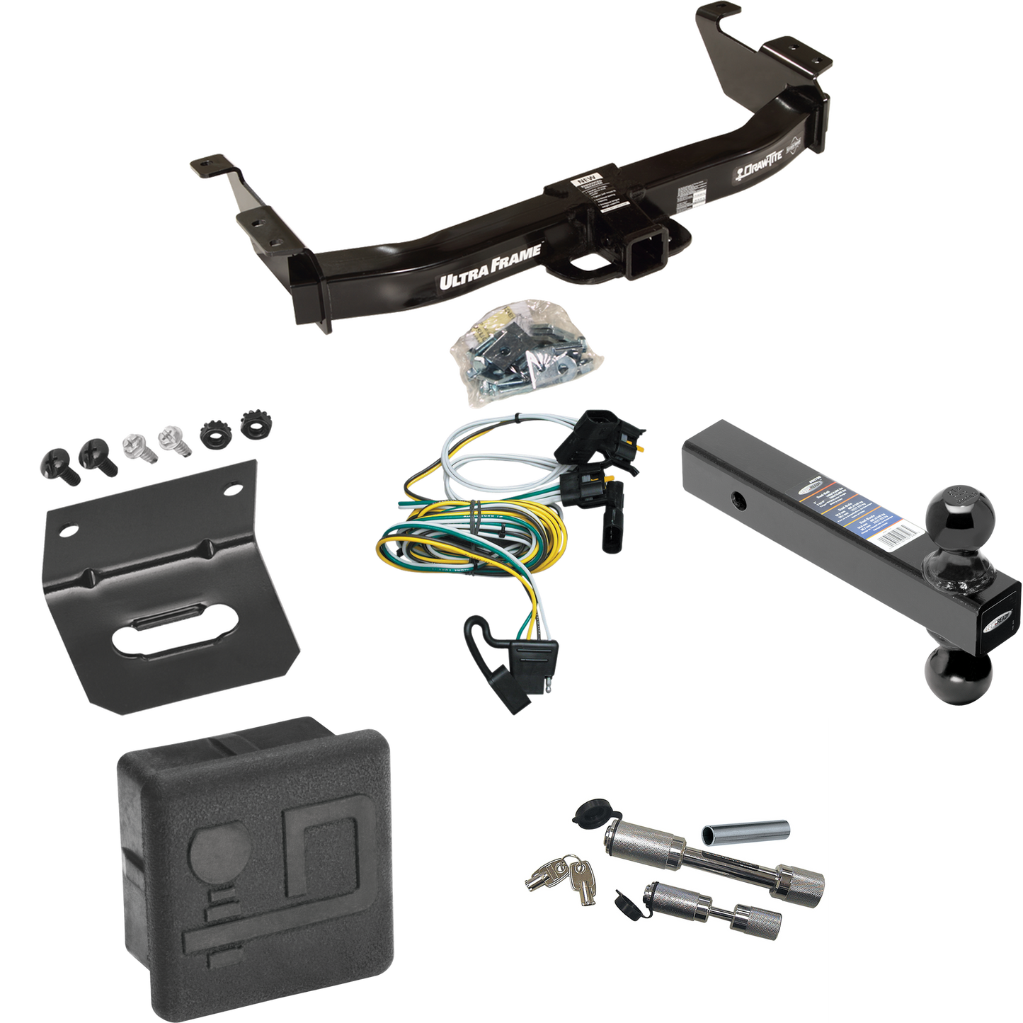 Fits 2000-2002 Ford E-150 Econoline Trailer Hitch Tow PKG w/ 4-Flat Wiring Harness + Dual Ball Ball Mount 2" & 2-5/16" Trailer Balls + Dual Hitch & Coupler Locks + Hitch Cover + Wiring Bracket By Draw-Tite