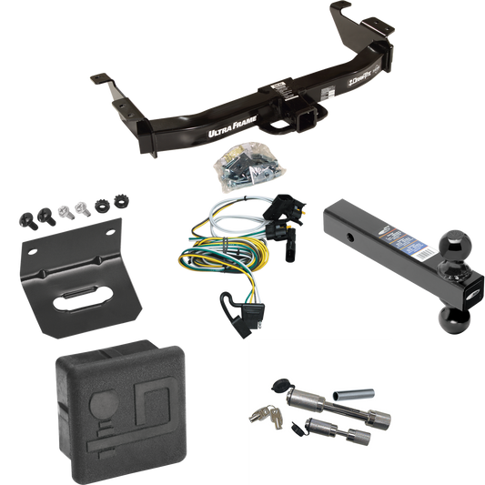 Fits 2000-2002 Ford E-150 Econoline Trailer Hitch Tow PKG w/ 4-Flat Wiring Harness + Dual Ball Ball Mount 2" & 2-5/16" Trailer Balls + Dual Hitch & Coupler Locks + Hitch Cover + Wiring Bracket By Draw-Tite