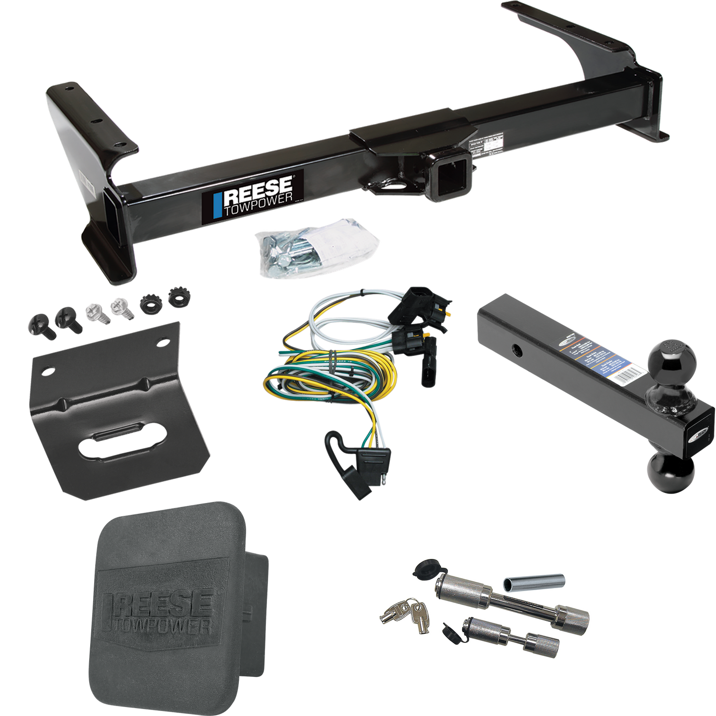 Fits 1995-2002 Ford E-150 Econoline Trailer Hitch Tow PKG w/ 4-Flat Wiring Harness + Dual Ball Ball Mount 2" & 2-5/16" Trailer Balls + Dual Hitch & Coupler Locks + Hitch Cover + Wiring Bracket By Reese Towpower