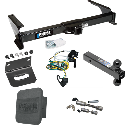 Fits 1995-2002 Ford E-150 Econoline Trailer Hitch Tow PKG w/ 4-Flat Wiring Harness + Dual Ball Ball Mount 2" & 2-5/16" Trailer Balls + Dual Hitch & Coupler Locks + Hitch Cover + Wiring Bracket By Reese Towpower