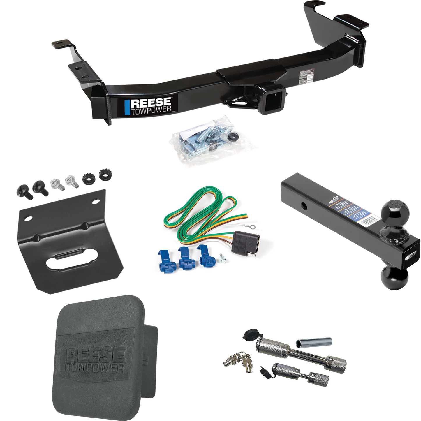 Fits 2003-2007 Ford E-350 Econoline Super Duty Trailer Hitch Tow PKG w/ 4-Flat Wiring Harness + Dual Ball Ball Mount 2" & 2-5/16" Trailer Balls + Dual Hitch & Coupler Locks + Hitch Cover + Wiring Bracket By Reese Towpower