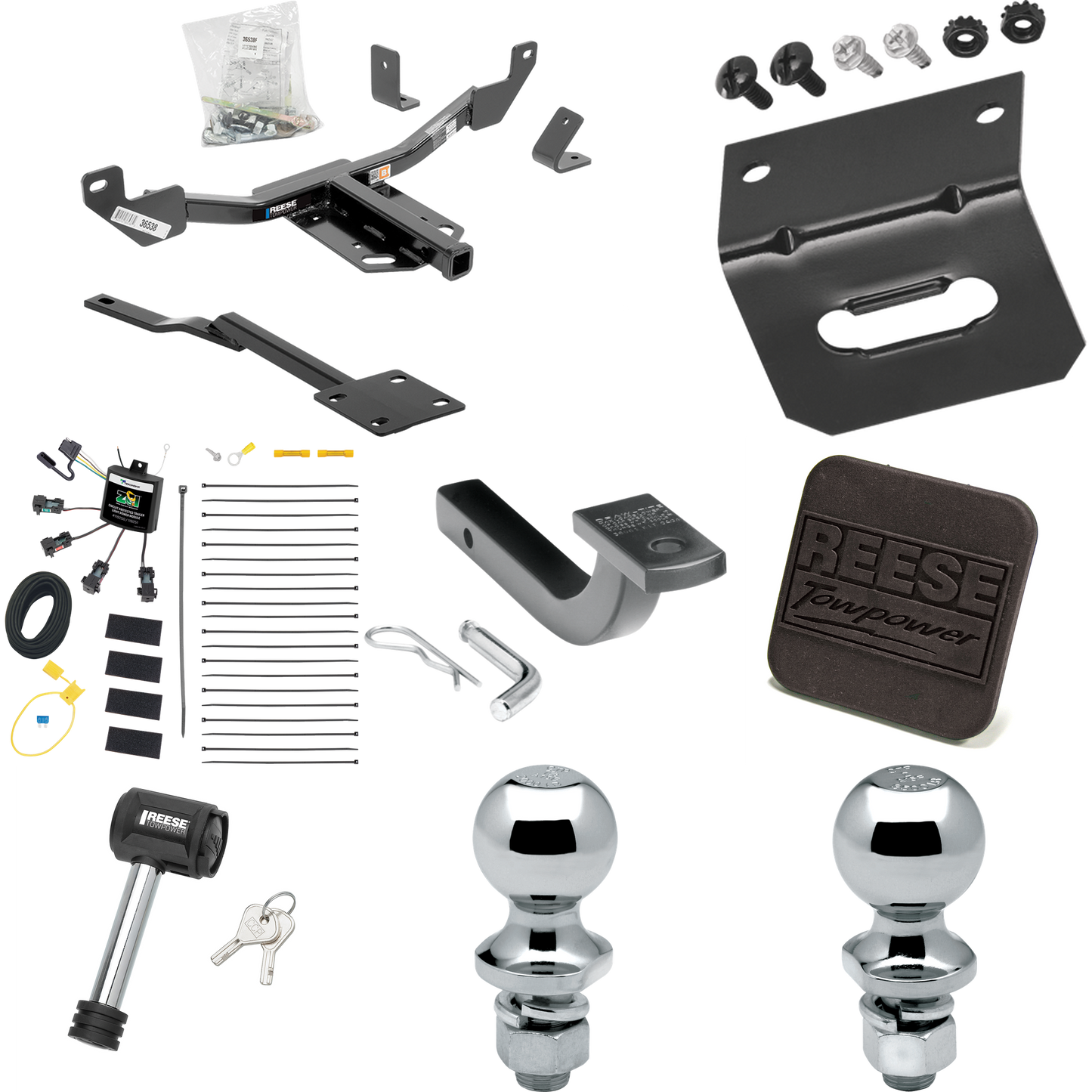 Se adapta al paquete de enganche de remolque Buick LaCrosse 2010-2016 con arnés de cableado de 4 contactos planos "sin empalme" + barra de tracción + bola de 1-7/8" + 2" + soporte de cableado + cubierta de enganche + bloqueo de enganche de Reese Towpower