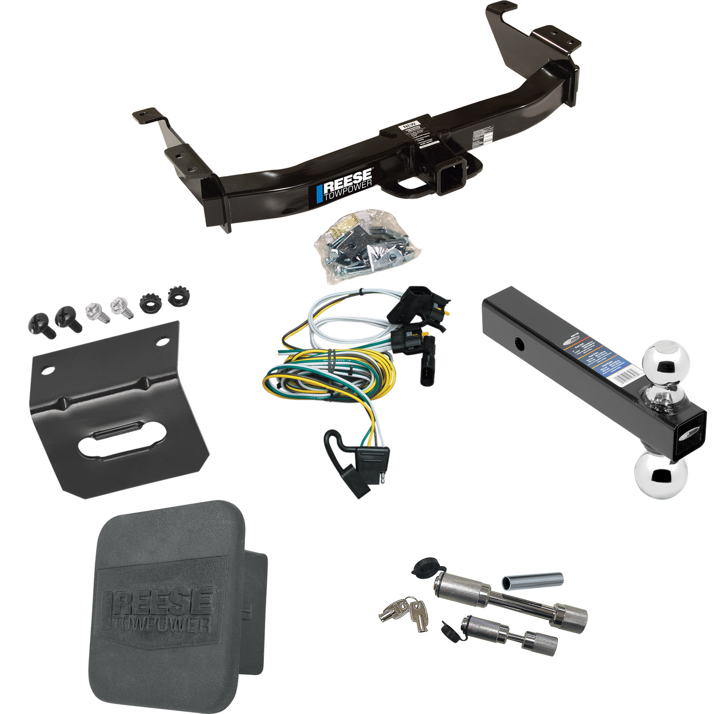 Fits 2000-2002 Ford E-150 Econoline Trailer Hitch Tow PKG w/ 4-Flat Wiring Harness + Dual Ball Ball Mount 2" & 2-5/16" Trailer Balls + Dual Hitch & Coupler Locks + Hitch Cover + Wiring Bracket By Reese Towpower