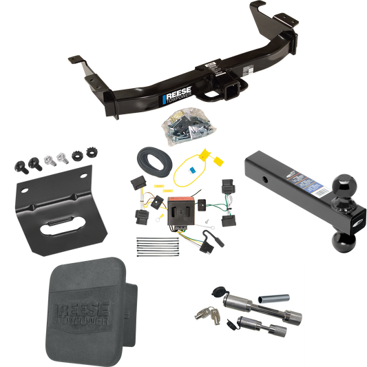 Fits 2008-2014 Ford E-150 Econoline Trailer Hitch Tow PKG w/ 4-Flat Wiring Harness + Dual Ball Ball Mount 2" & 2-5/16" Trailer Balls + Dual Hitch & Coupler Locks + Hitch Cover + Wiring Bracket By Reese Towpower