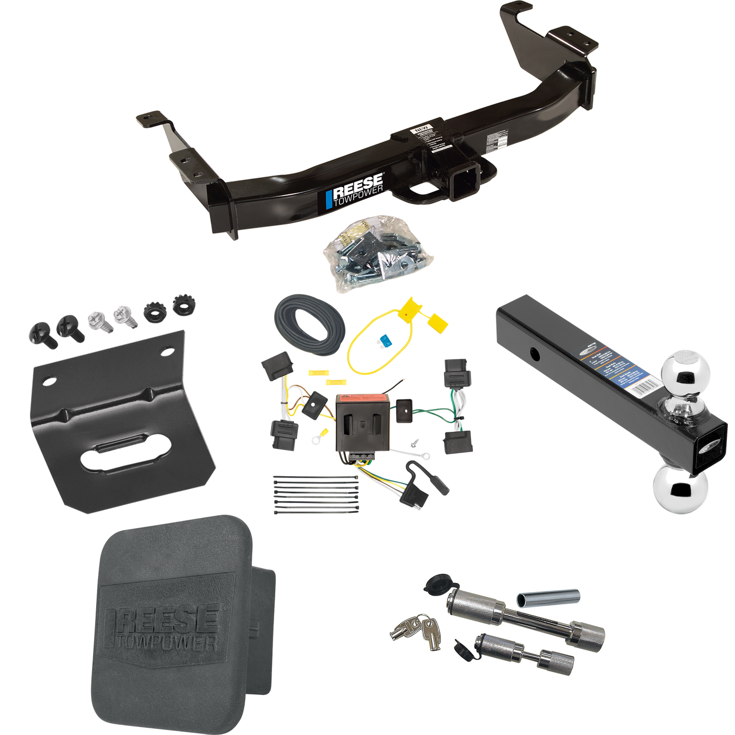 Fits 2008-2014 Ford E-150 Econoline Trailer Hitch Tow PKG w/ 4-Flat Wiring Harness + Dual Ball Ball Mount 2" & 2-5/16" Trailer Balls + Dual Hitch & Coupler Locks + Hitch Cover + Wiring Bracket By Reese Towpower