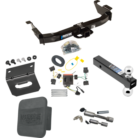 Fits 2008-2014 Ford E-150 Econoline Trailer Hitch Tow PKG w/ 4-Flat Wiring Harness + Dual Ball Ball Mount 2" & 2-5/16" Trailer Balls + Dual Hitch & Coupler Locks + Hitch Cover + Wiring Bracket By Reese Towpower