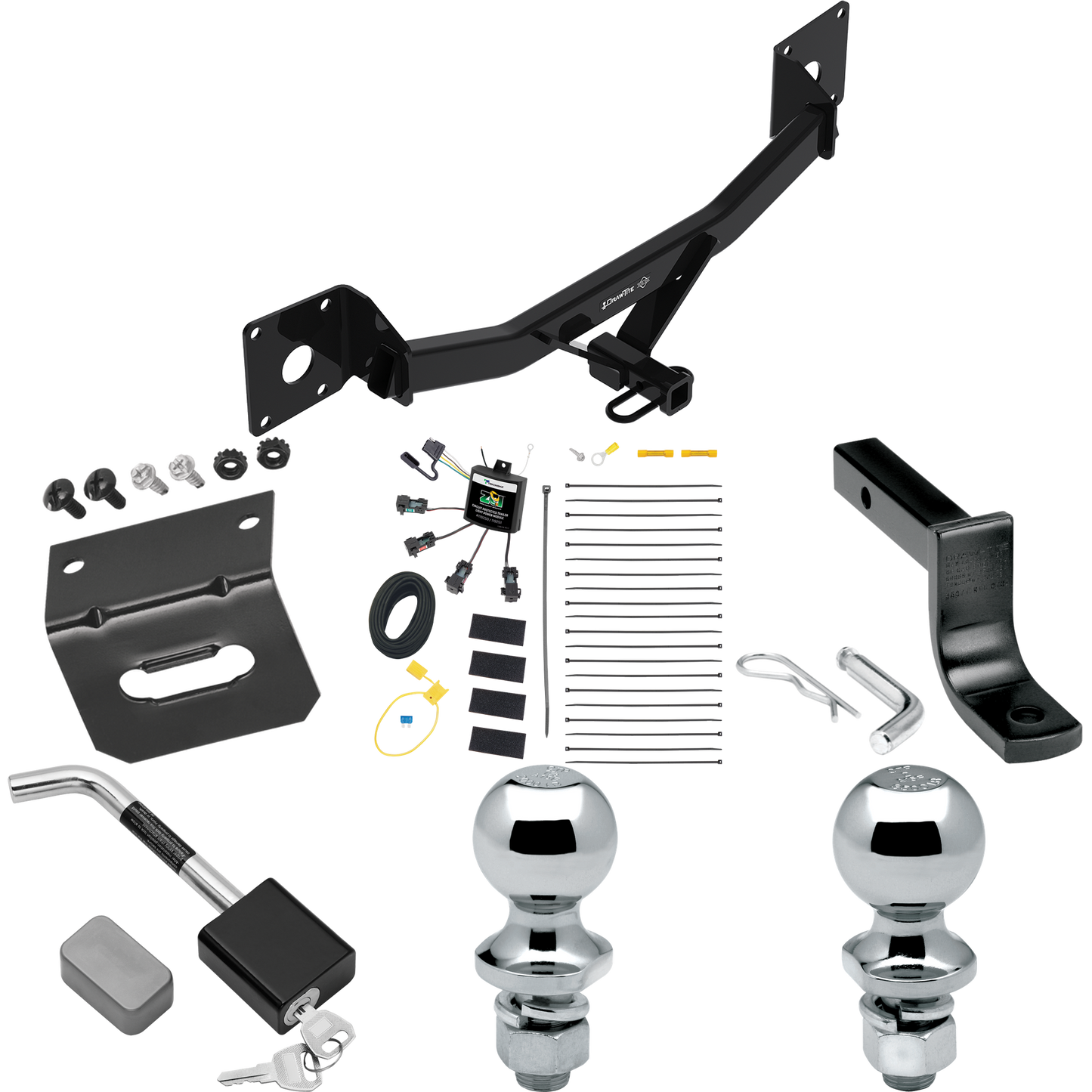 Se adapta al paquete de enganche de remolque Buick Regal Sportback 2018-2020 con arnés de cableado de 4 contactos planos "sin empalme" + barra de tracción + bola de 1-7/8" + 2" + soporte de cableado + bloqueo de enganche de Draw-Tite