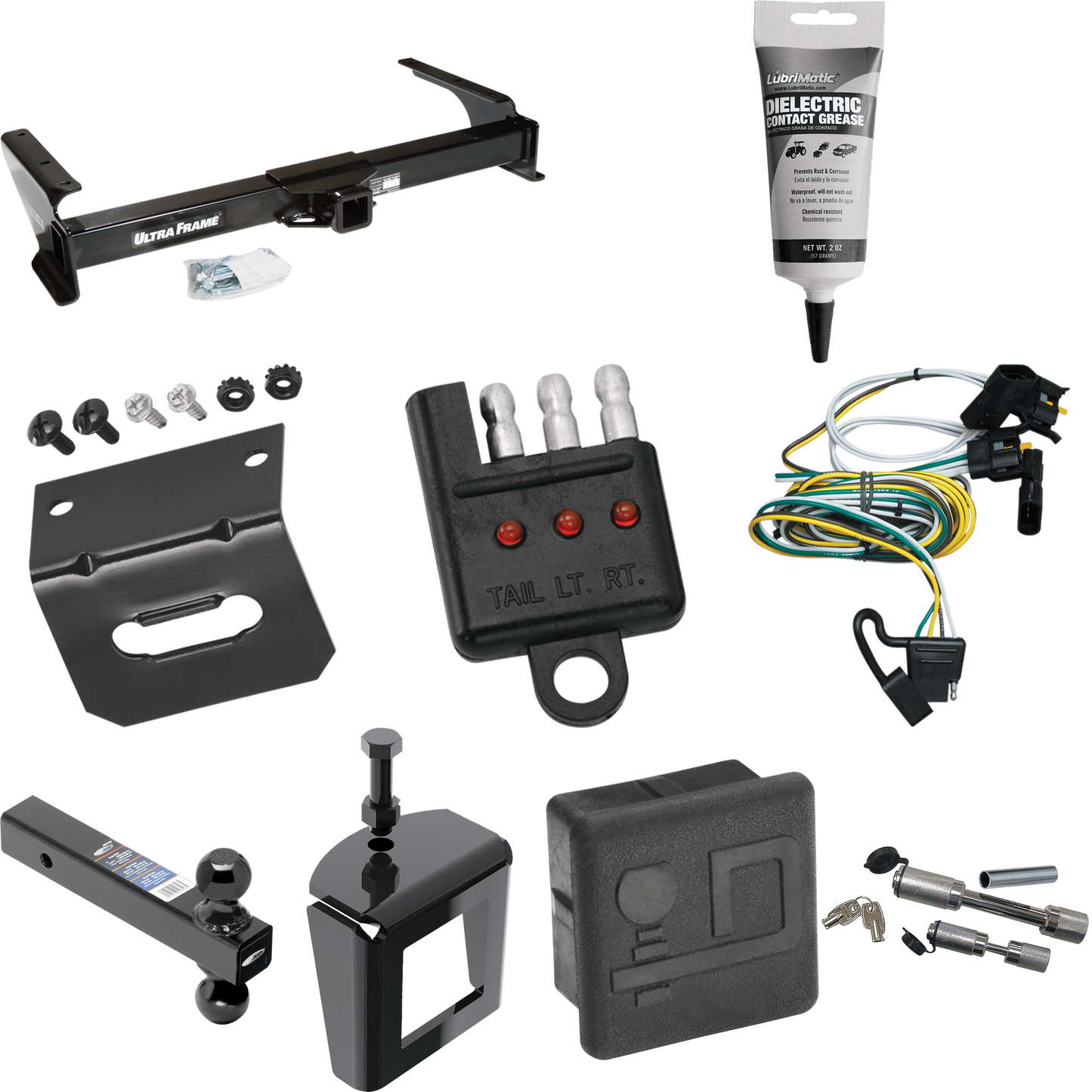 Fits 1995-2002 Ford E-350 Econoline Trailer Hitch Tow PKG w/ 4-Flat Wiring Harness + Dual Ball Ball Mount 2" & 2-5/16" Trailer Balls + Dual Hitch & Coupler Locks + Hitch Cover + Wiring Bracket + Wiring Tester + Electric Grease + Anti Rattle Device By