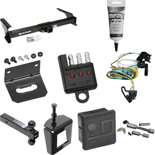 Fits 1995-2002 Ford E-350 Econoline Trailer Hitch Tow PKG w/ 4-Flat Wiring Harness + Dual Ball Ball Mount 2" & 2-5/16" Trailer Balls + Dual Hitch & Coupler Locks + Hitch Cover + Wiring Bracket + Wiring Tester + Electric Grease + Anti Rattle Device By