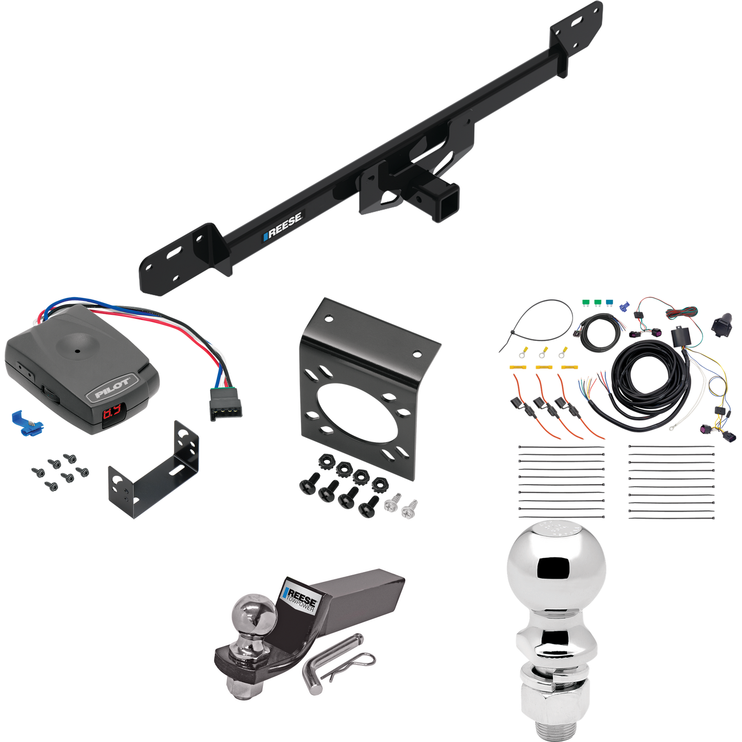 Fits 2014-2023 RAM ProMaster 2500 Trailer Hitch Tow PKG w/ Pro Series Pilot Brake Control + 7-Way RV Wiring + 2" & 2-5/16" Ball & Drop Mount By Reese Towpower