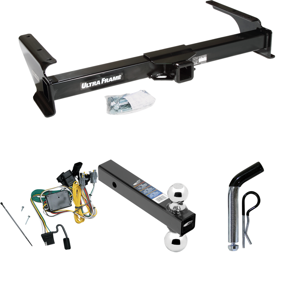 Fits 1992-1994 Ford E-150 Econoline Trailer Hitch Tow PKG w/ 4-Flat Wiring Harness + Dual Ball Ball Mount 2" & 2-5/16" Trailer Balls + Pin/Clip By Draw-Tite
