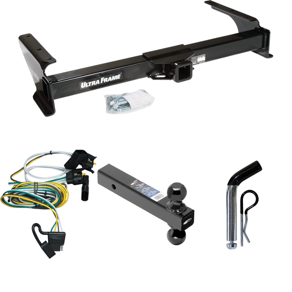 Fits 1995-2002 Ford E-250 Econoline Trailer Hitch Tow PKG w/ 4-Flat Wiring Harness + Dual Ball Ball Mount 2" & 2-5/16" Trailer Balls + Pin/Clip By Draw-Tite