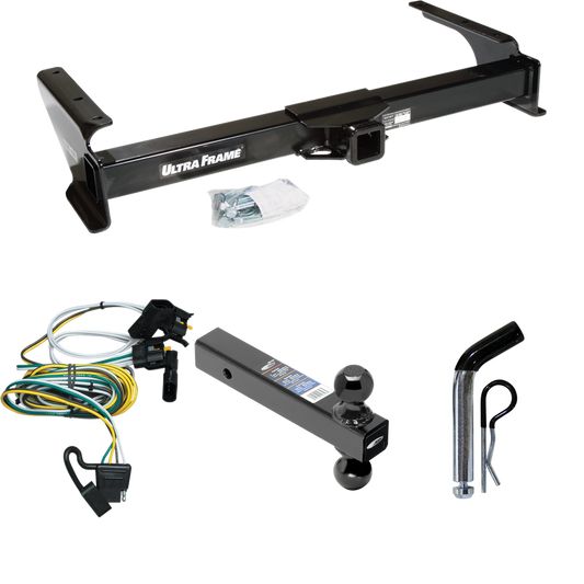 Fits 1995-2002 Ford E-250 Econoline Trailer Hitch Tow PKG w/ 4-Flat Wiring Harness + Dual Ball Ball Mount 2" & 2-5/16" Trailer Balls + Pin/Clip By Draw-Tite