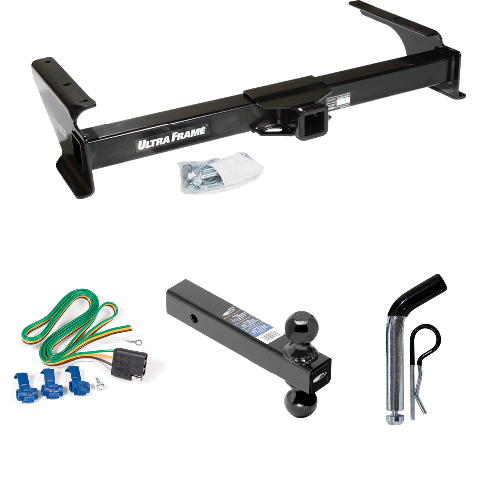 Fits 2003-2007 Ford E-250 Econoline Trailer Hitch Tow PKG w/ 4-Flat Wiring Harness + Dual Ball Ball Mount 2" & 2-5/16" Trailer Balls + Pin/Clip By Draw-Tite