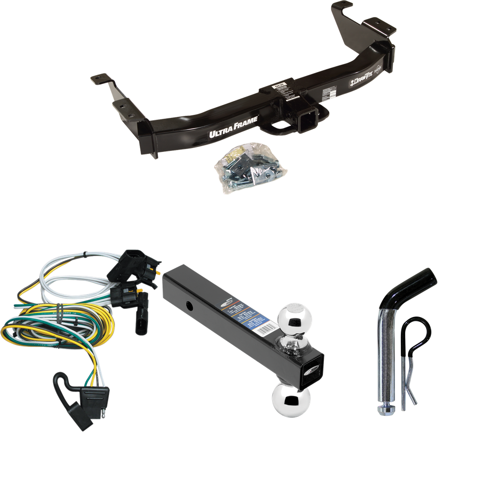 Fits 2000-2002 Ford E-350 Econoline Trailer Hitch Tow PKG w/ 4-Flat Wiring Harness + Dual Ball Ball Mount 2" & 2-5/16" Trailer Balls + Pin/Clip By Draw-Tite