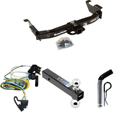 Fits 2000-2002 Ford E-350 Econoline Trailer Hitch Tow PKG w/ 4-Flat Wiring Harness + Dual Ball Ball Mount 2" & 2-5/16" Trailer Balls + Pin/Clip By Draw-Tite