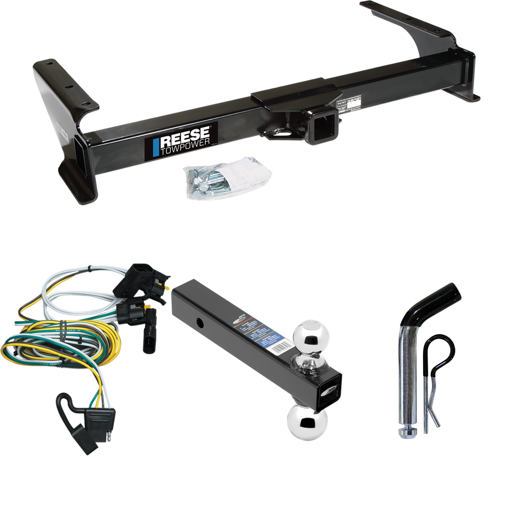 Fits 1995-2002 Ford E-250 Econoline Trailer Hitch Tow PKG w/ 4-Flat Wiring Harness + Dual Ball Ball Mount 2" & 2-5/16" Trailer Balls + Pin/Clip By Reese Towpower