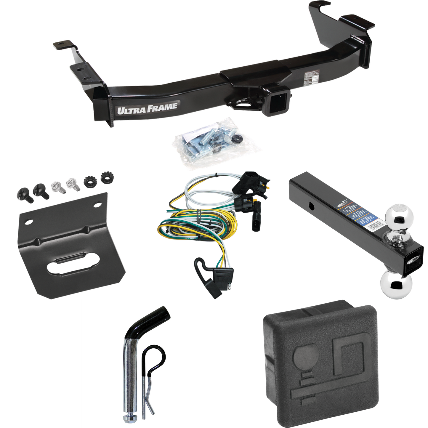 Fits 2000-2002 Ford E-350 Econoline Trailer Hitch Tow PKG w/ 4-Flat Wiring Harness + Dual Ball Ball Mount 2" & 2-5/16" Trailer Balls + Pin/Clip + Hitch Cover + Wiring Bracket By Draw-Tite