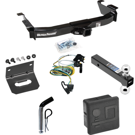 Fits 2000-2002 Ford E-350 Econoline Trailer Hitch Tow PKG w/ 4-Flat Wiring Harness + Dual Ball Ball Mount 2" & 2-5/16" Trailer Balls + Pin/Clip + Hitch Cover + Wiring Bracket By Draw-Tite