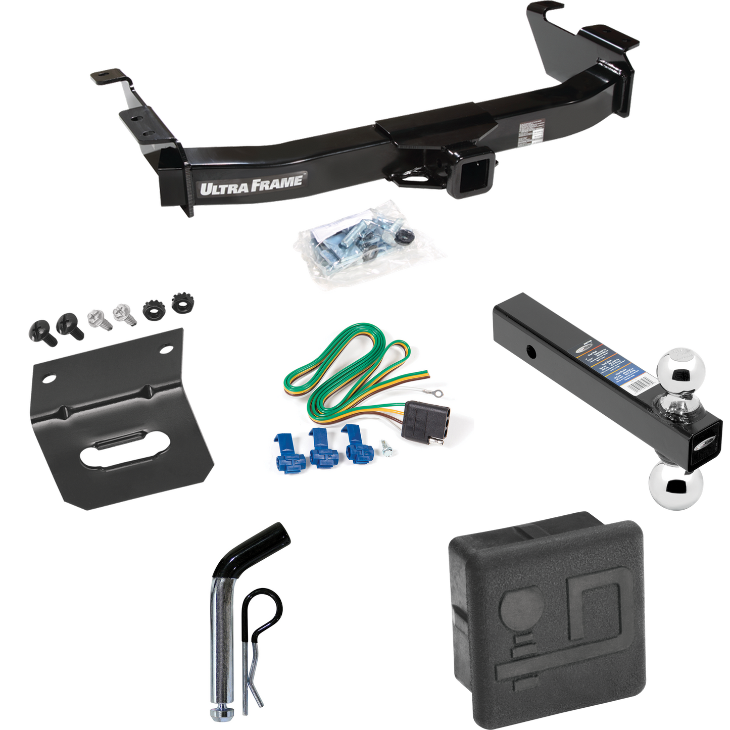 Fits 2003-2007 Ford E-350 Econoline Super Duty Trailer Hitch Tow PKG w/ 4-Flat Wiring Harness + Dual Ball Ball Mount 2" & 2-5/16" Trailer Balls + Pin/Clip + Hitch Cover + Wiring Bracket By Draw-Tite