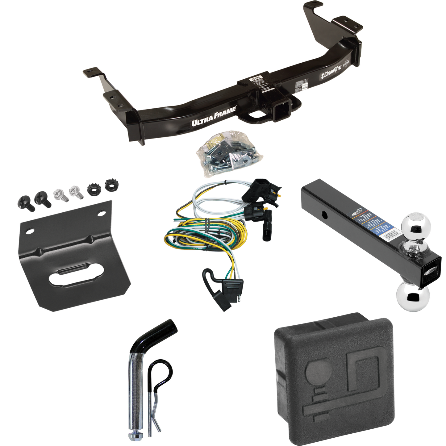 Fits 2000-2002 Ford E-350 Econoline Trailer Hitch Tow PKG w/ 4-Flat Wiring Harness + Dual Ball Ball Mount 2" & 2-5/16" Trailer Balls + Pin/Clip + Hitch Cover + Wiring Bracket By Draw-Tite