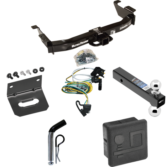 Fits 2000-2002 Ford E-350 Econoline Trailer Hitch Tow PKG w/ 4-Flat Wiring Harness + Dual Ball Ball Mount 2" & 2-5/16" Trailer Balls + Pin/Clip + Hitch Cover + Wiring Bracket By Draw-Tite