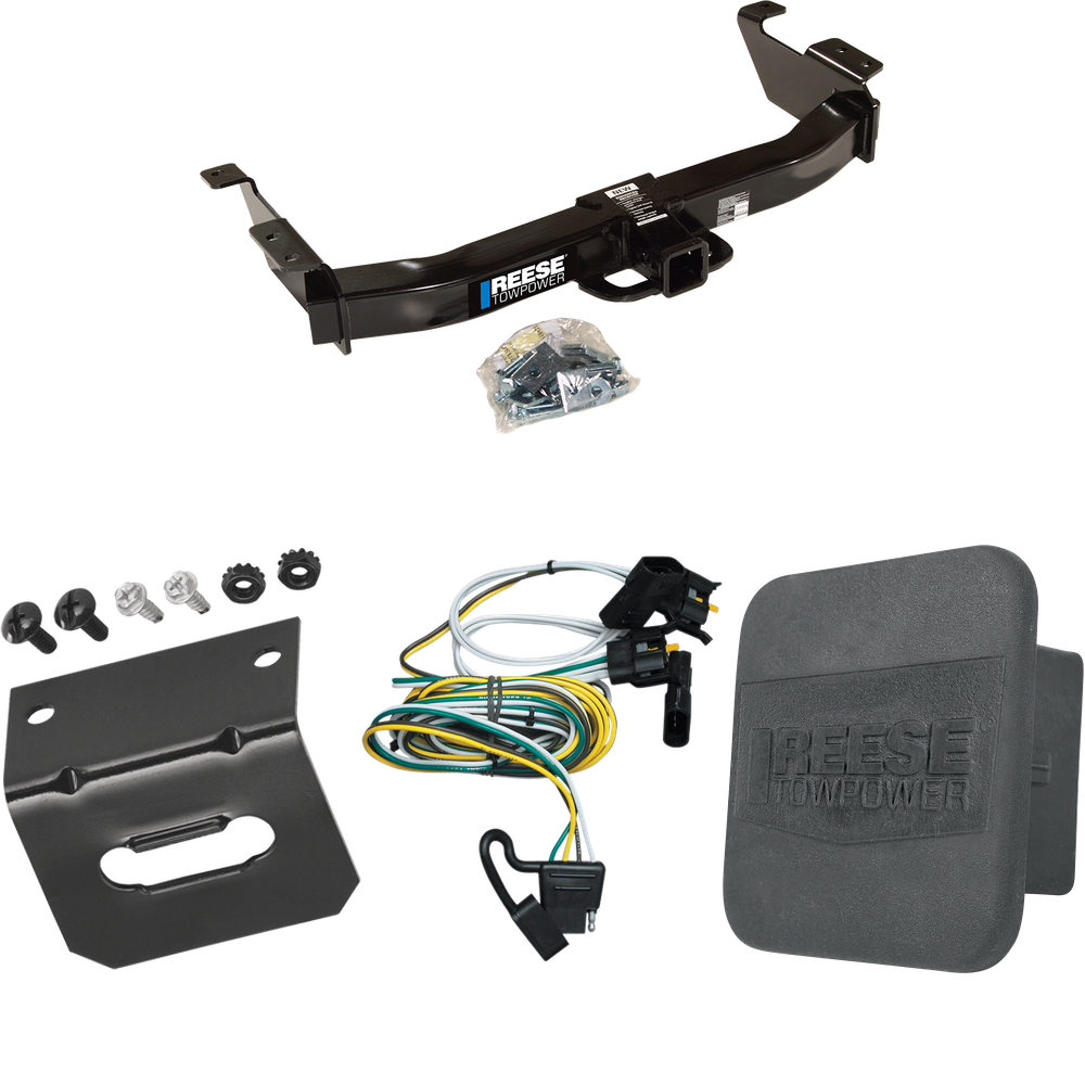 Fits 2000-2002 Ford E-250 Econoline Trailer Hitch Tow PKG w/ 4-Flat Wiring Harness + Hitch Cover + Wiring Bracket By Reese Towpower