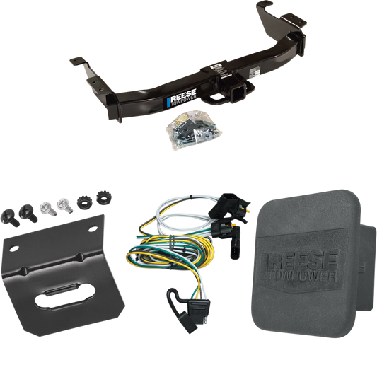 Fits 2000-2002 Ford E-250 Econoline Trailer Hitch Tow PKG w/ 4-Flat Wiring Harness + Hitch Cover + Wiring Bracket By Reese Towpower