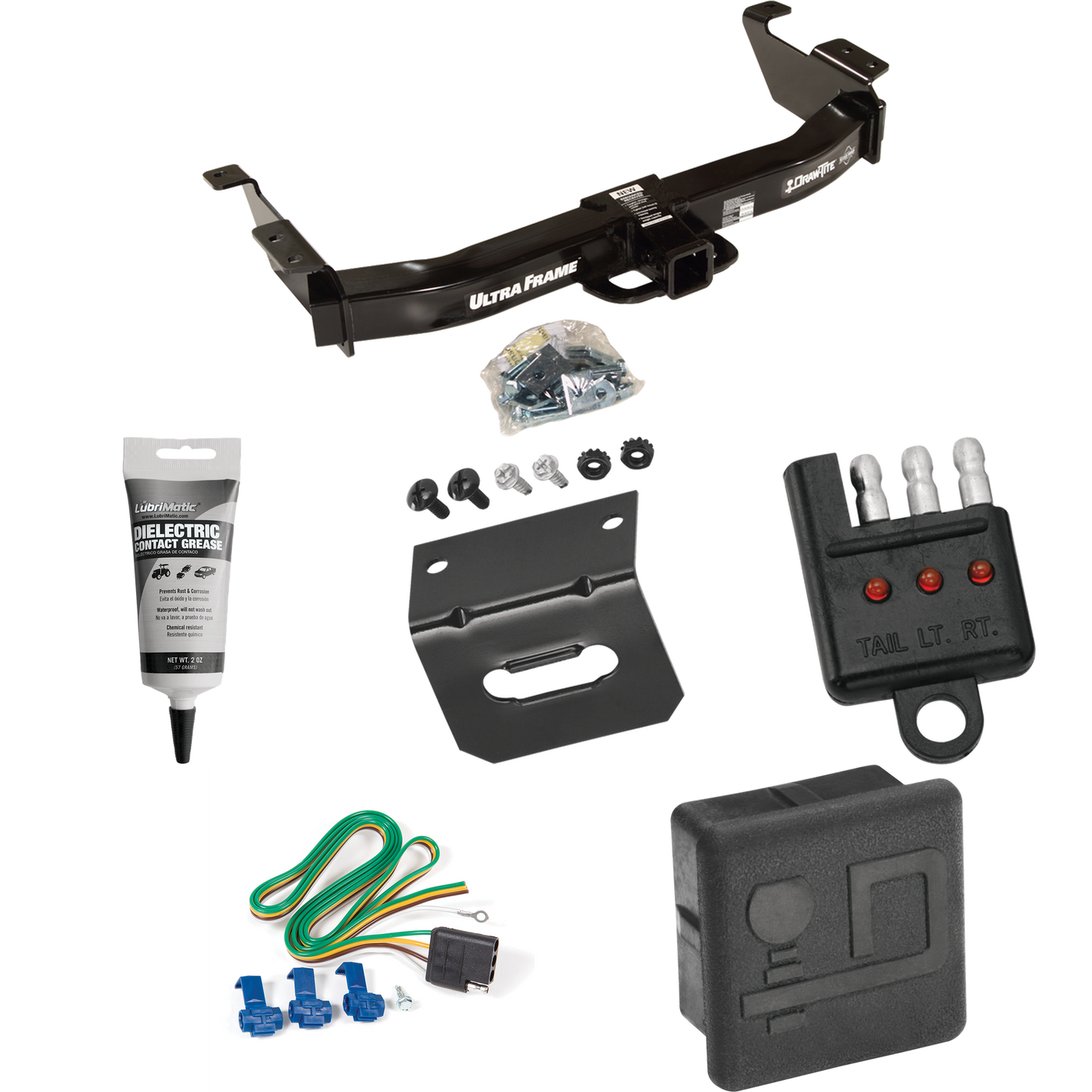 Fits 2003-2007 Ford E-250 Econoline Trailer Hitch Tow PKG w/ 4-Flat Wiring Harness + Hitch Cover + Wiring Bracket + Wiring Tester + Electric Grease By Draw-Tite