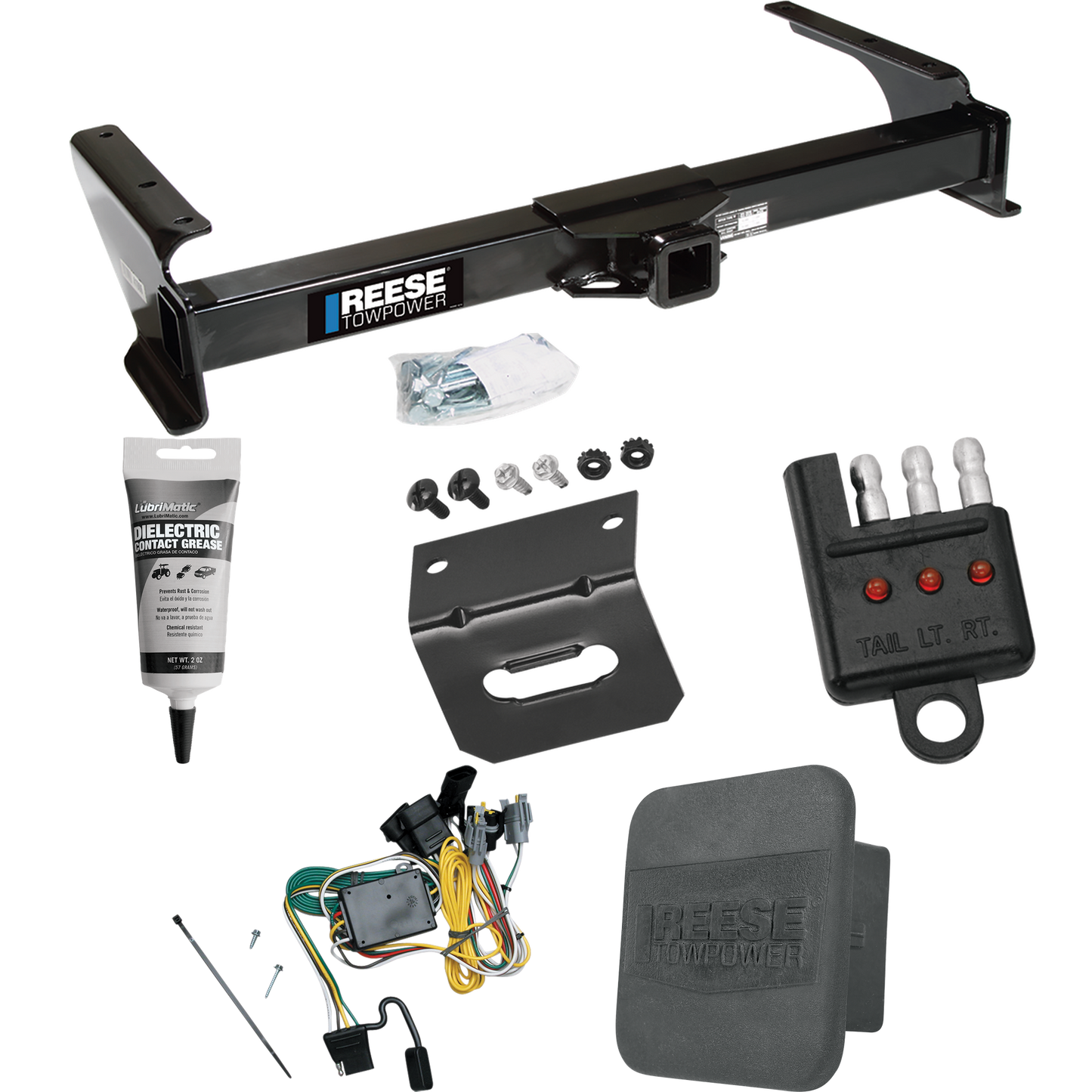 Fits 1992-1994 Ford E-150 Econoline Trailer Hitch Tow PKG w/ 4-Flat Wiring Harness + Hitch Cover + Wiring Bracket + Wiring Tester + Electric Grease By Reese Towpower