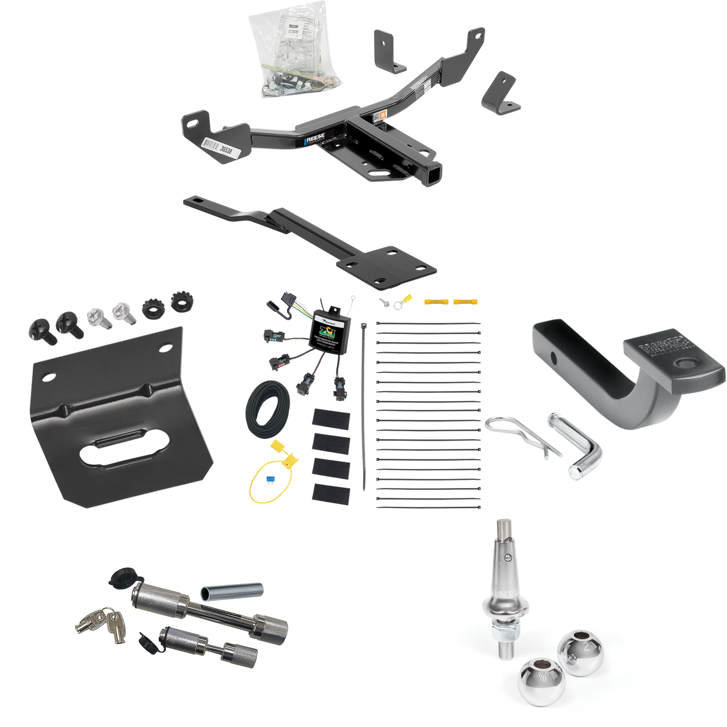 Fits 2010-2016 Buick LaCrosse Trailer Hitch Tow PKG w/ 4-Flat Zero Contact "No Splice" Wiring Harness + Draw-Bar + Interchangeable 1-7/8" & 2" Balls + Wiring Bracket + Dual Hitch & Coupler Locks By Reese Towpower