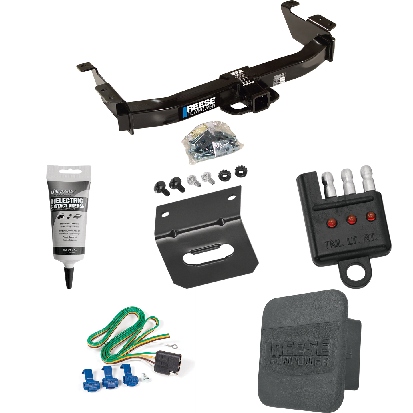 Fits 2003-2007 Ford E-250 Econoline Trailer Hitch Tow PKG w/ 4-Flat Wiring Harness + Hitch Cover + Wiring Bracket + Wiring Tester + Electric Grease By Reese Towpower