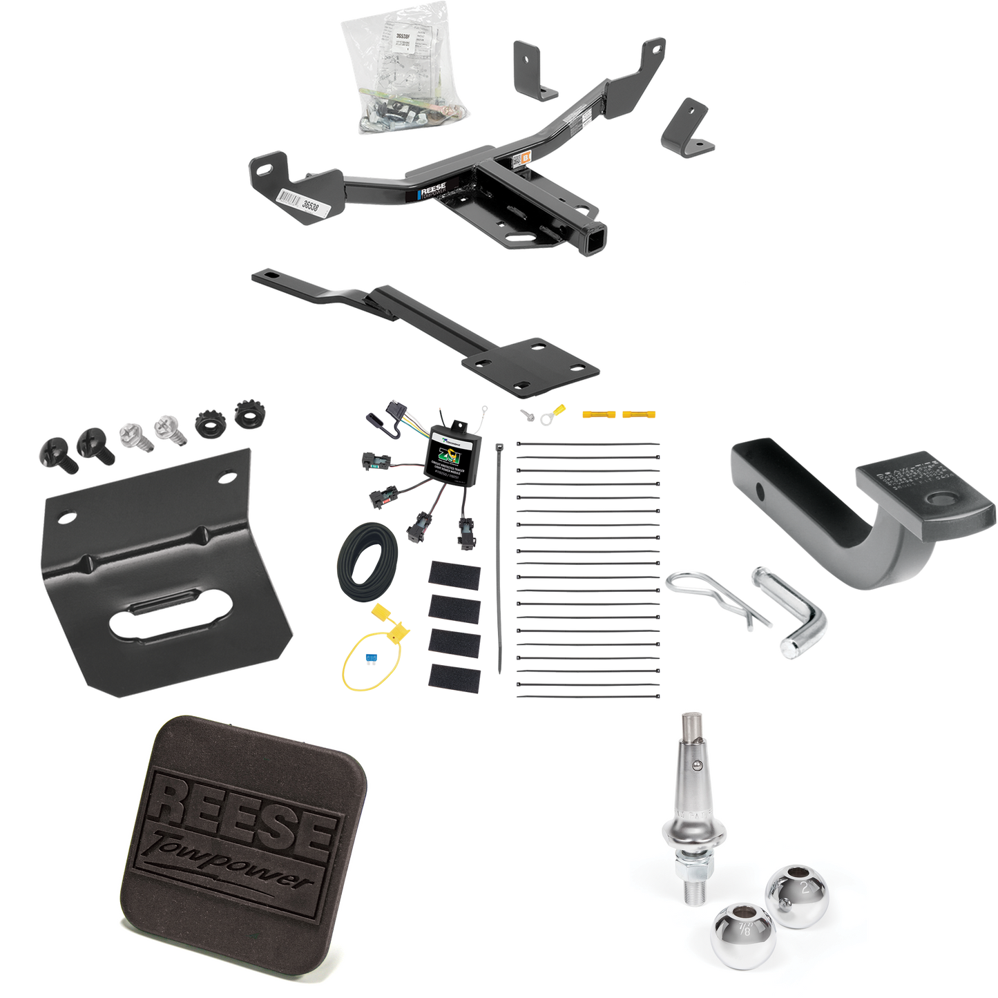 Se adapta al paquete de enganche de remolque Buick LaCrosse 2010-2016 con arnés de cableado de 4 contactos planos "sin empalme" + barra de tracción + bolas intercambiables de 1-7/8" y 2" + soporte de cableado + cubierta de enganche de Reese Towpower