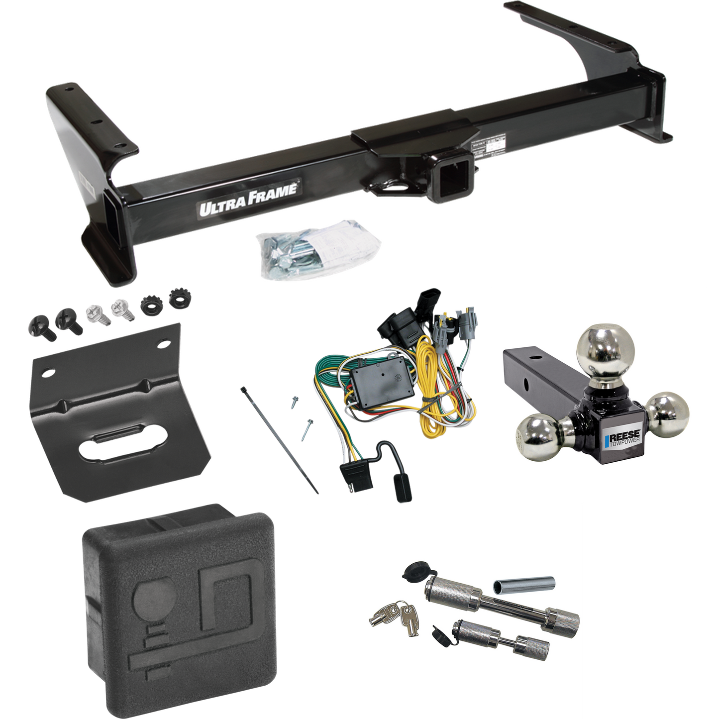 Fits 1992-1994 Ford E-350 Econoline Trailer Hitch Tow PKG w/ 4-Flat Wiring Harness + Triple Ball Ball Mount 1-7/8" & 2" & 2-5/16" Trailer Balls + Dual Hitch & Coupler Locks + Hitch Cover + Wiring Bracket By Draw-Tite