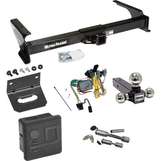 Fits 1992-1994 Ford E-350 Econoline Trailer Hitch Tow PKG w/ 4-Flat Wiring Harness + Triple Ball Ball Mount 1-7/8" & 2" & 2-5/16" Trailer Balls + Dual Hitch & Coupler Locks + Hitch Cover + Wiring Bracket By Draw-Tite