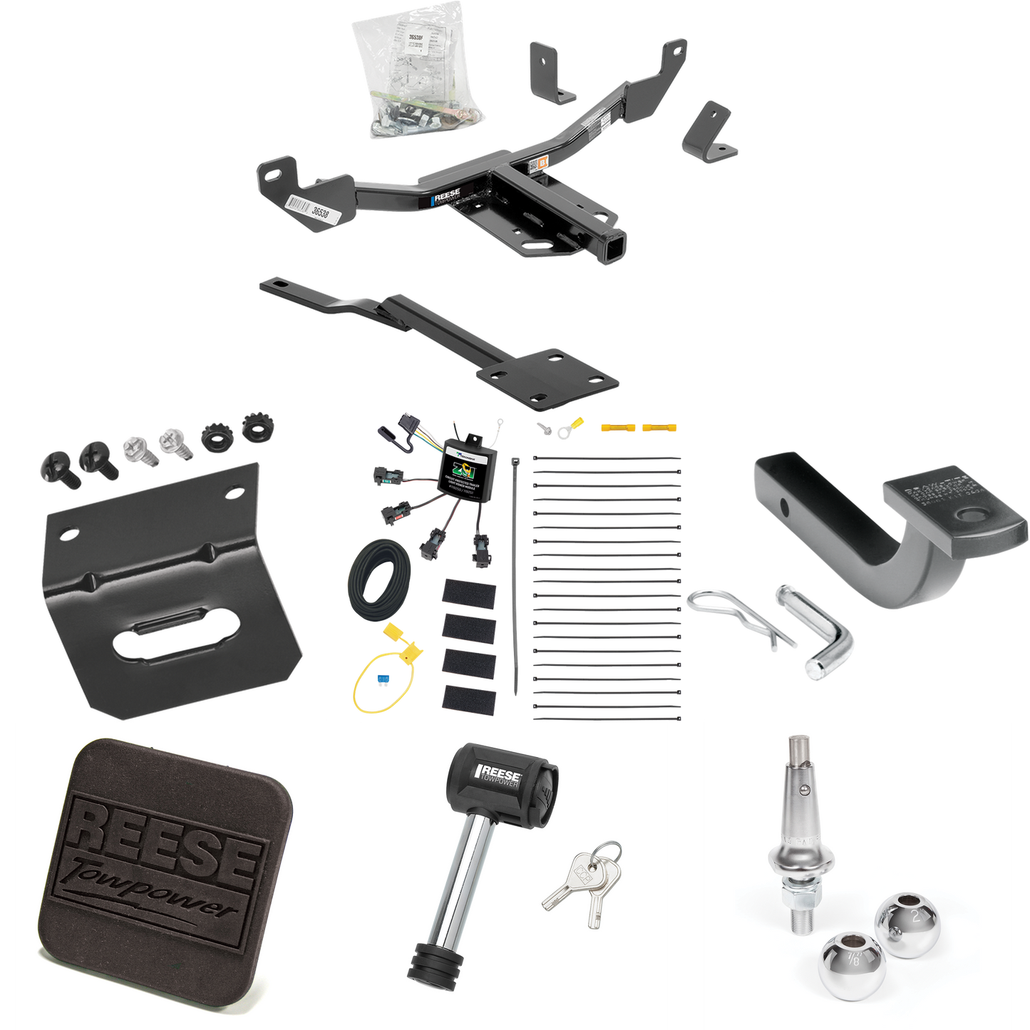 Fits 2013-2019 Cadillac XTS Trailer Hitch Tow PKG w/ 4-Flat Zero Contact "No Splice" Wiring Harness + Draw-Bar + Interchangeable 1-7/8" & 2" Balls + Wiring Bracket + Hitch Cover + Hitch Lock By Reese Towpower