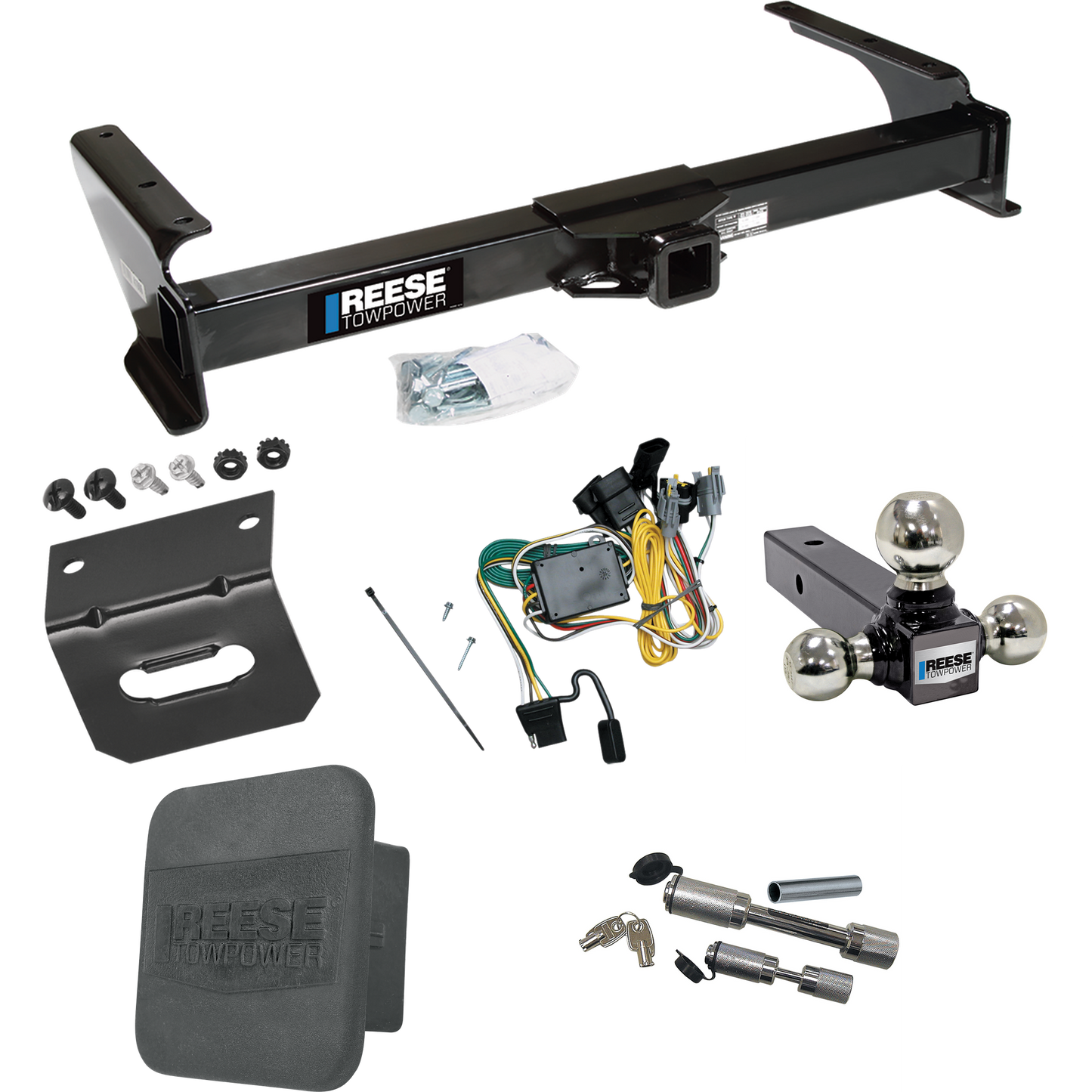 Fits 1992-1994 Ford E-250 Econoline Trailer Hitch Tow PKG w/ 4-Flat Wiring Harness + Triple Ball Ball Mount 1-7/8" & 2" & 2-5/16" Trailer Balls + Dual Hitch & Coupler Locks + Hitch Cover + Wiring Bracket By Reese Towpower