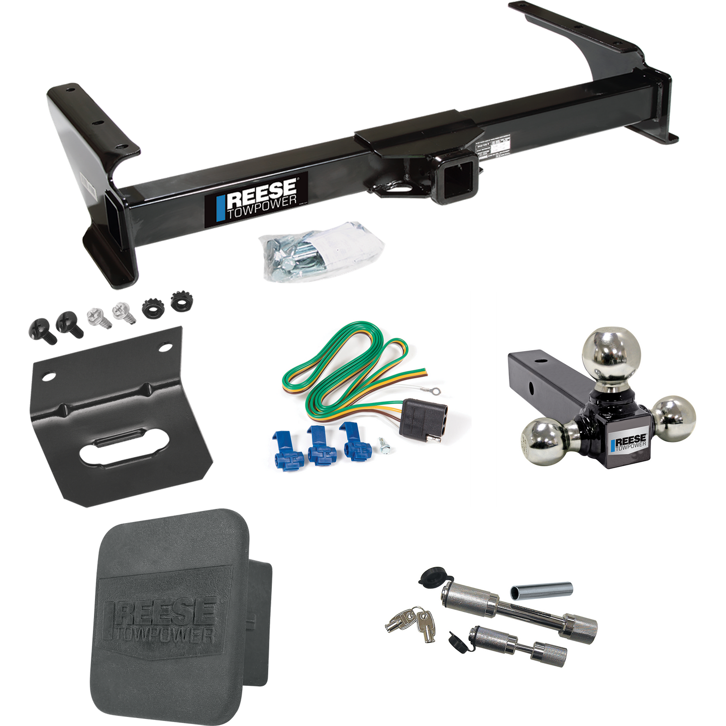 Fits 2003-2007 Ford E-150 Econoline Trailer Hitch Tow PKG w/ 4-Flat Wiring Harness + Triple Ball Ball Mount 1-7/8" & 2" & 2-5/16" Trailer Balls + Dual Hitch & Coupler Locks + Hitch Cover + Wiring Bracket By Reese Towpower