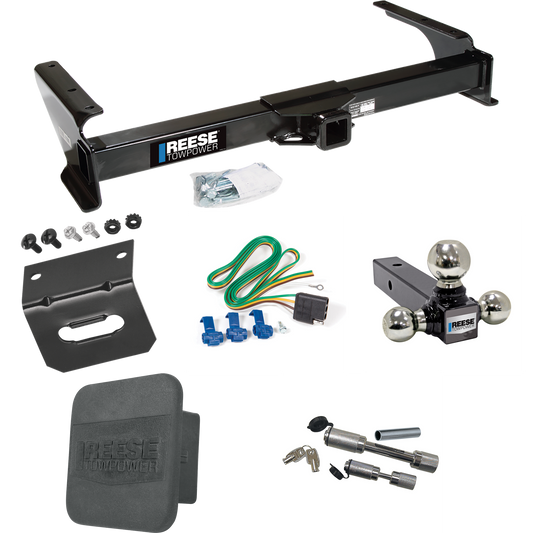 Fits 2003-2007 Ford E-150 Econoline Trailer Hitch Tow PKG w/ 4-Flat Wiring Harness + Triple Ball Ball Mount 1-7/8" & 2" & 2-5/16" Trailer Balls + Dual Hitch & Coupler Locks + Hitch Cover + Wiring Bracket By Reese Towpower