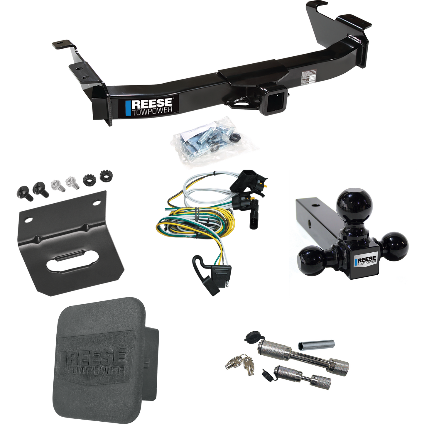 Fits 2000-2002 Ford E-250 Econoline Trailer Hitch Tow PKG w/ 4-Flat Wiring Harness + Triple Ball Ball Mount 1-7/8" & 2" & 2-5/16" Trailer Balls + Dual Hitch & Coupler Locks + Hitch Cover + Wiring Bracket By Reese Towpower