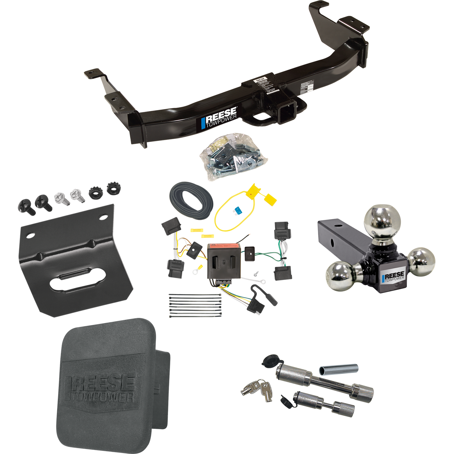 Fits 2008-2014 Ford E-250 Econoline Trailer Hitch Tow PKG w/ 4-Flat Wiring Harness + Triple Ball Ball Mount 1-7/8" & 2" & 2-5/16" Trailer Balls + Dual Hitch & Coupler Locks + Hitch Cover + Wiring Bracket By Reese Towpower