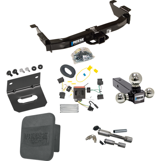 Fits 2008-2014 Ford E-250 Econoline Trailer Hitch Tow PKG w/ 4-Flat Wiring Harness + Triple Ball Ball Mount 1-7/8" & 2" & 2-5/16" Trailer Balls + Dual Hitch & Coupler Locks + Hitch Cover + Wiring Bracket By Reese Towpower