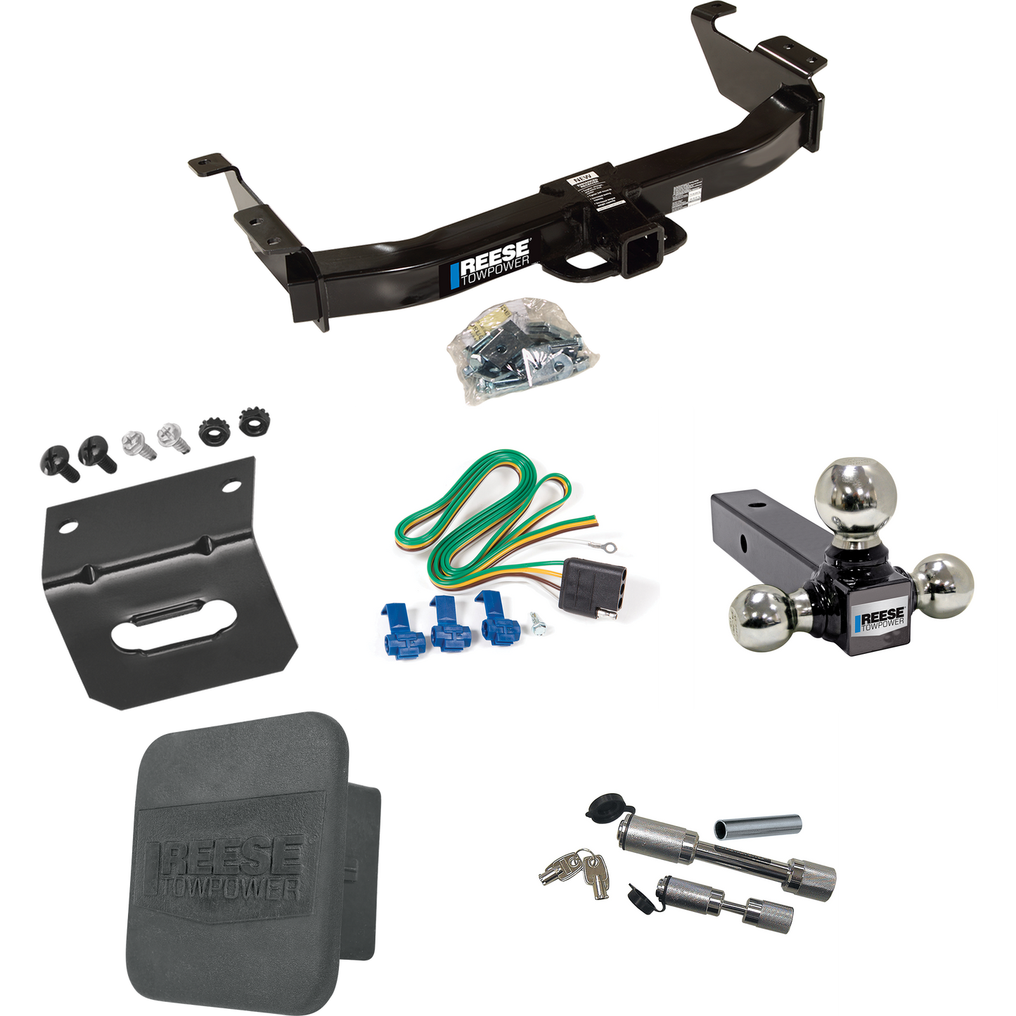 Fits 2003-2007 Ford E-150 Econoline Trailer Hitch Tow PKG w/ 4-Flat Wiring Harness + Triple Ball Ball Mount 1-7/8" & 2" & 2-5/16" Trailer Balls + Dual Hitch & Coupler Locks + Hitch Cover + Wiring Bracket By Reese Towpower