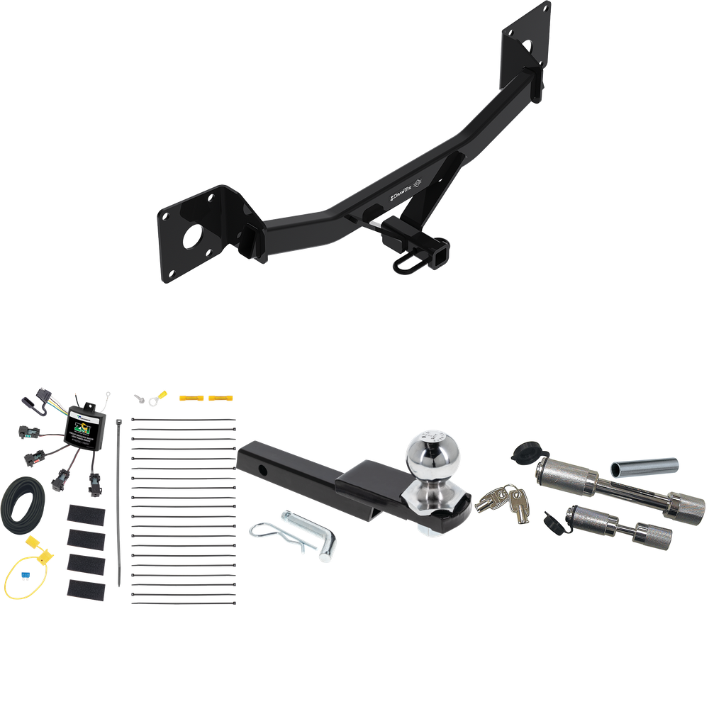 Fits 2016-2023 Chevrolet Malibu Trailer Hitch Tow PKG w/ 4-Flat Zero Contact "No Splice" Wiring Harness + Interlock Starter Kit w/ 2" Ball 1-1/4" Drop 3/4" Rise + Dual Hitch & Coupler Locks (For Premier (New Body Style) Models) By Draw-Tite