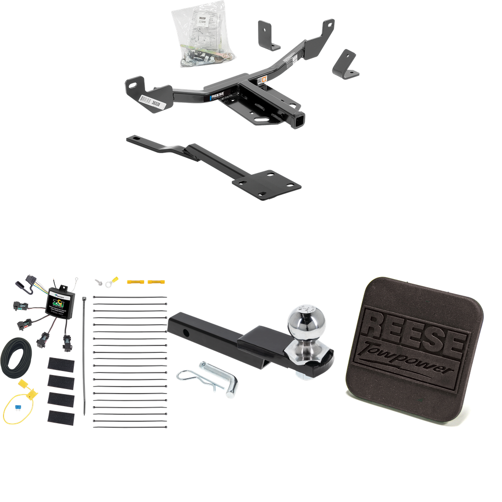 Fits 2013-2015 Chevrolet Malibu Trailer Hitch Tow PKG w/ 4-Flat Zero Contact "No Splice" Wiring Harness + Interlock Starter Kit w/ 2" Ball 1-1/4" Drop 3/4" Rise + Hitch Cover (Excludes: LTZ & Canada Models Models) By Reese Towpower